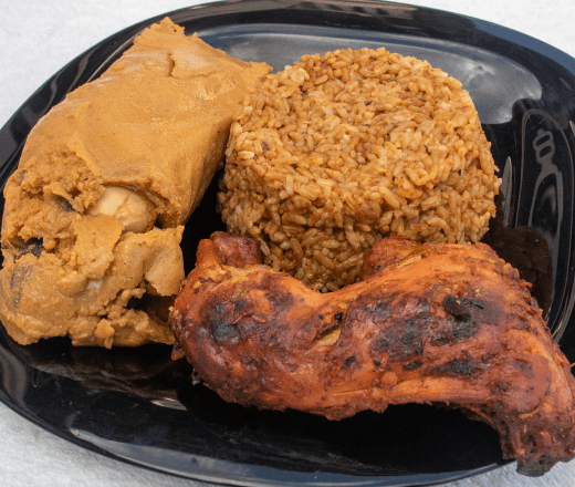 Jollof Rice + Chicken + Moimoi Food