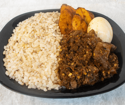Ofada Rice + Sauce + Egg + Plantain