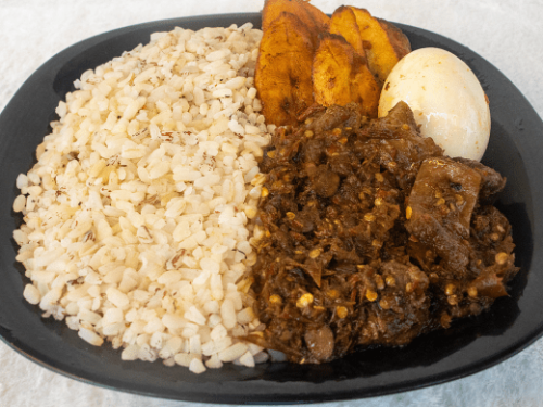 Ofada Rice + Sauce + Egg + Plantain