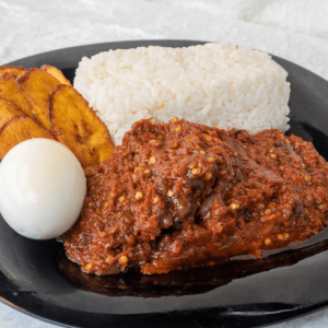 White Rice + Asun Sauce + Plantain + Egg