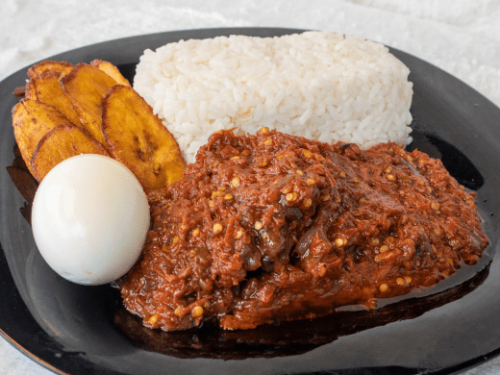 White Rice + Asun Sauce + Plantain + Egg