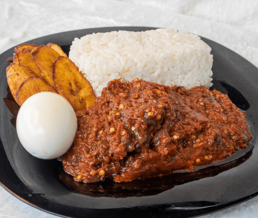 White Rice + Asun Sauce + Plantain + Egg White Rice + Asun Sauce + Plantain + Egg