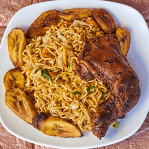 Noodles, Chicken, and Fried Plantain