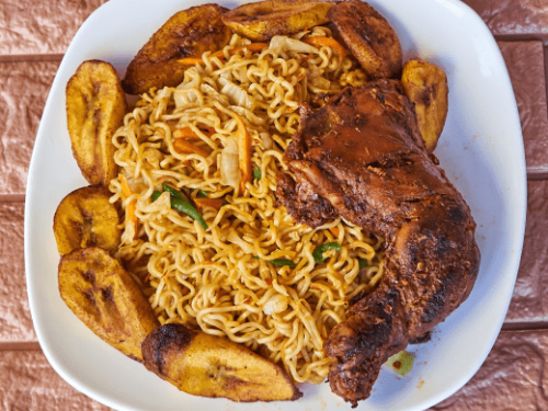 Noodles, Chicken, and Fried Plantain