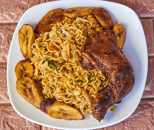 Noodles, Chicken, and Fried Plantain